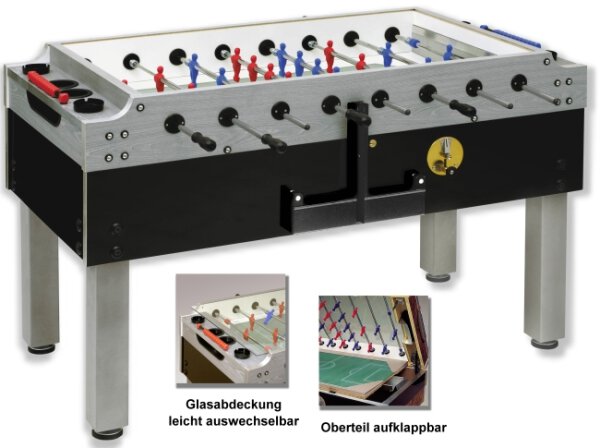 Tischkicker Kickertisch Olympic Silver mit Münzung und Glasabdeckung